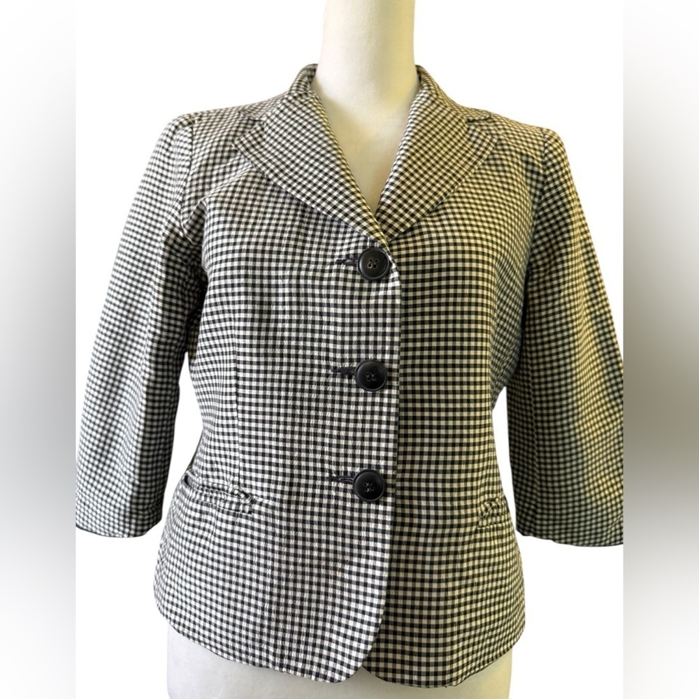 JG Hook Silk Black & White Gingham 3/4 Sleeve Summer Blazer Petite Vintage